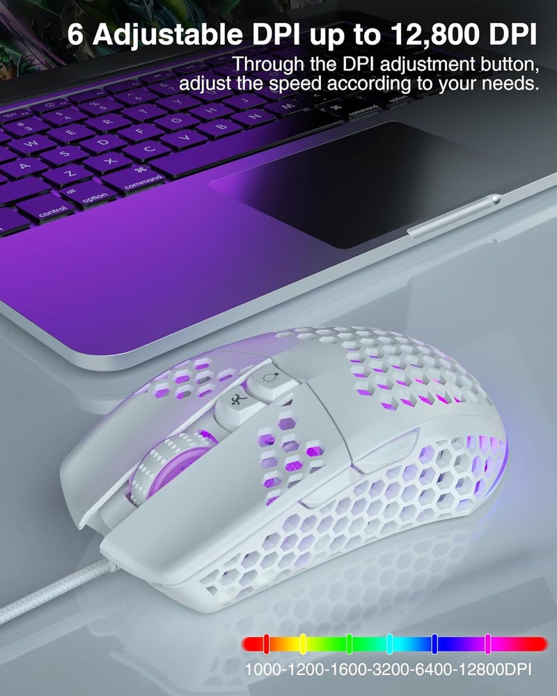 SOLAKAKA SM900 Gaming Mouse Wired with RGB,Adjustable 12800 DPI Wired Gaming Mouse with Side Buttons,Computer Mouse for Laptop/PC,White - Image 3